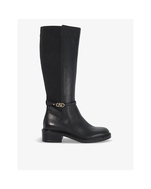 Dune Black Leather Tias Brand-Buckle Knee-High Leather Boots