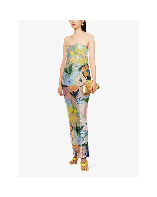 La Fuori Blue Floral Bandeau Sequinned Midi Dress