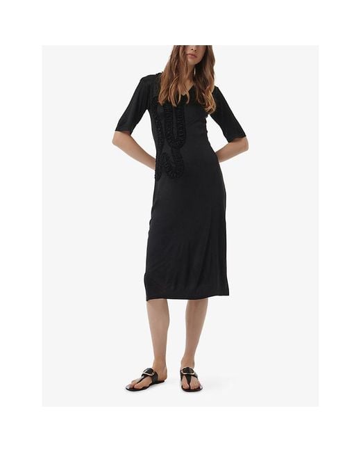 eem Black Ruffle Applique Woven Midi Dress
