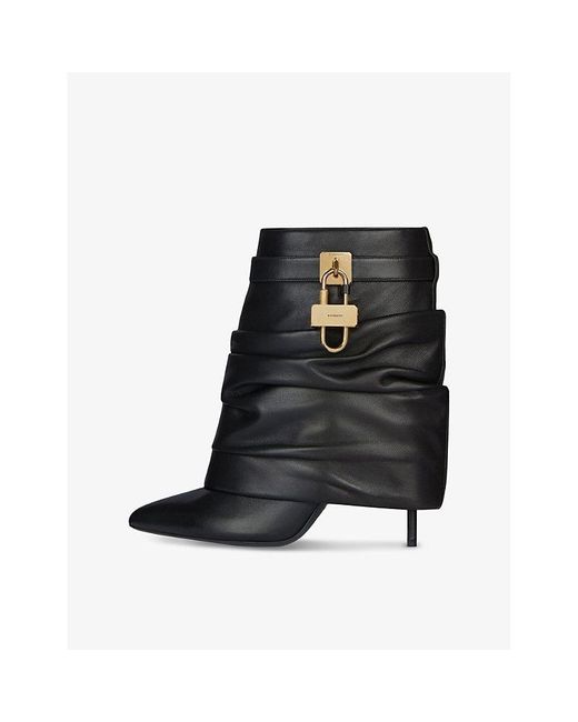 Givenchy Black Shark Lock Stiletto Srunched Low Leather Heeled Ankle Boots