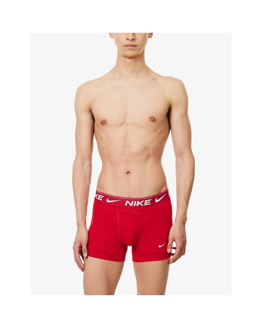 Nike Red Log-waistband Pack Of Three Stretch-recycled Polyester Trunks for men
