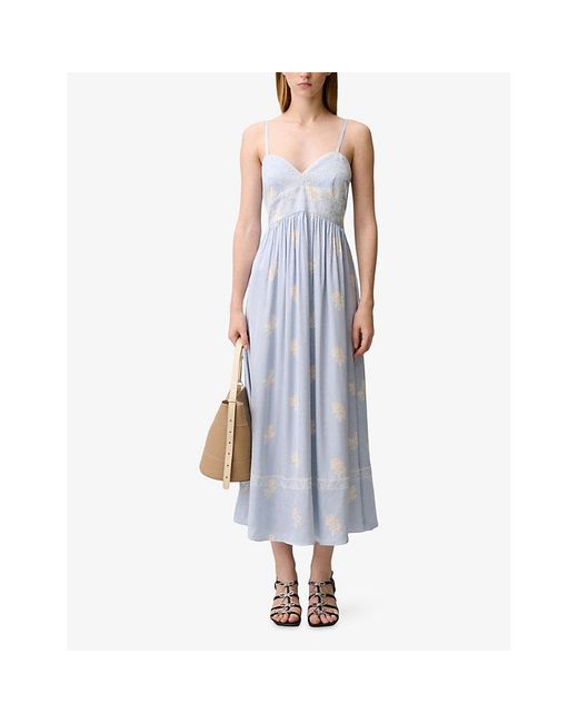 Claudie Pierlot Blue Floral Sweetheart-Neck Woven Midi Dress