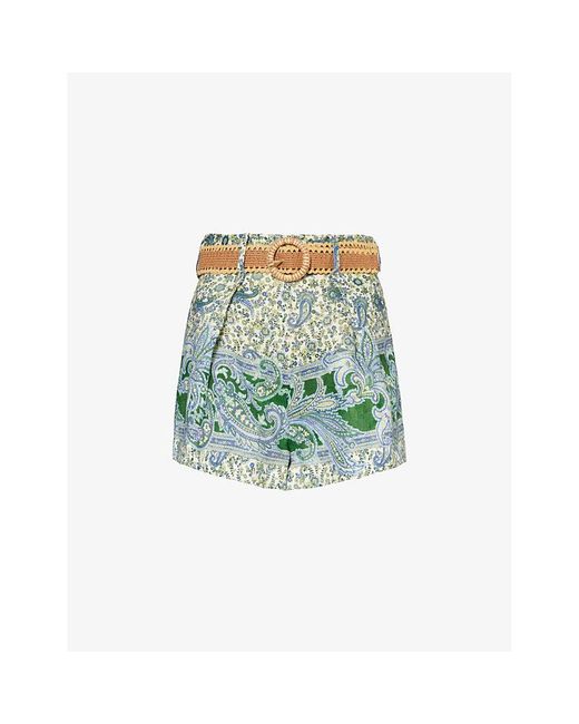 Zimmermann Green Ottie Paisley-print Linen Shorts