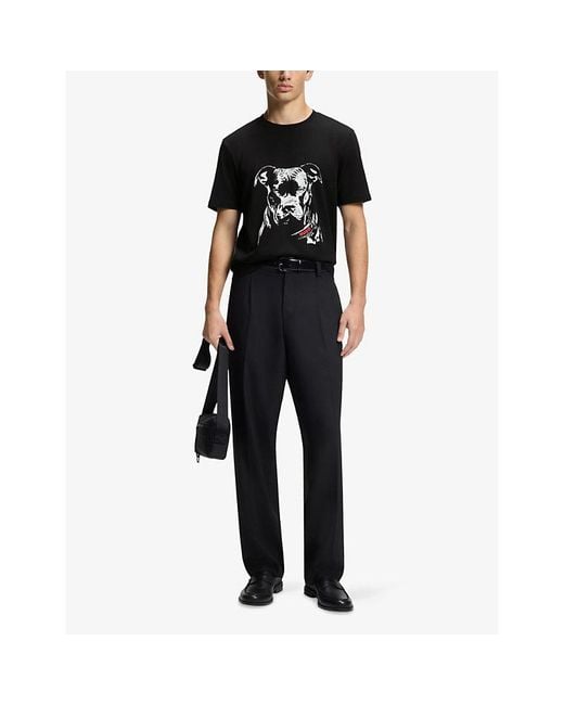 HUGO Black Dog-Print Short-Sleeved Cotton-Jersey T-Shirt for men