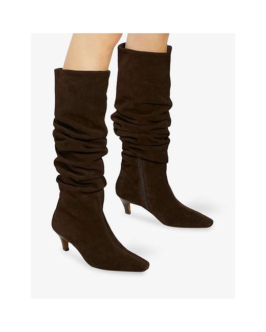 Dune Brown Saunders Slouchy Heeled Suede Mid Boots