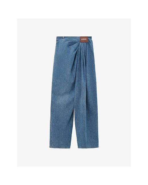 Loewe Blue Draped Logo-Patch Barrel-Leg Denim Jeans