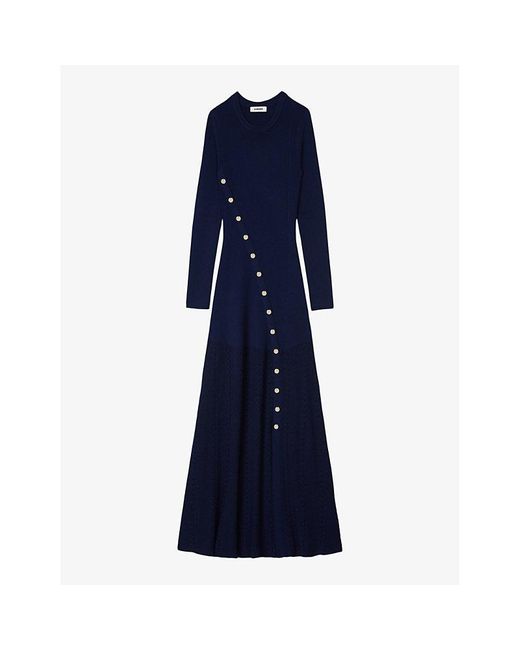 Sandro Blue Button-embellished Knitted Maxi Dress
