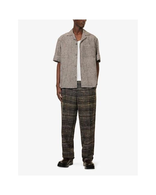 Bottega Veneta Gray Check-Print Camp-Collar Relaxed-Fit Woven-Blend-Shirt for men