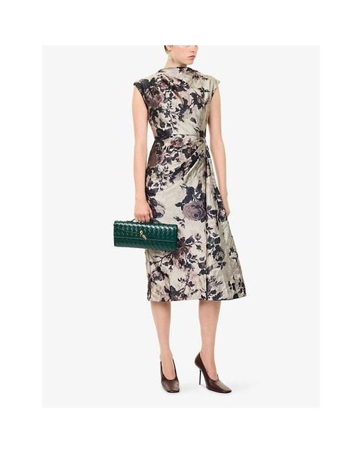 Erdem Multicolor Floral-Print Draped Satin Midi Dress