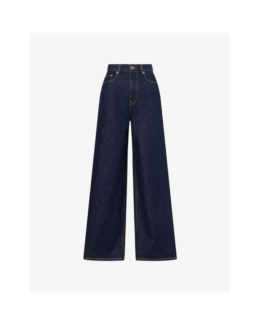 Ganni Blue Wide-Leg Contrast-Stitch Denim Jeans