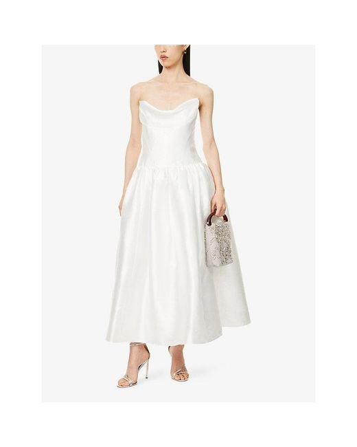 Self-Portrait White Peaked-Neck Strapless Taffeta Midi Dress