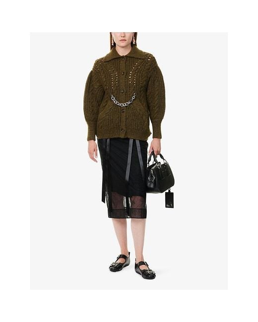Simone Rocha Green Chain-Embellished Cable Knitted Cardigan