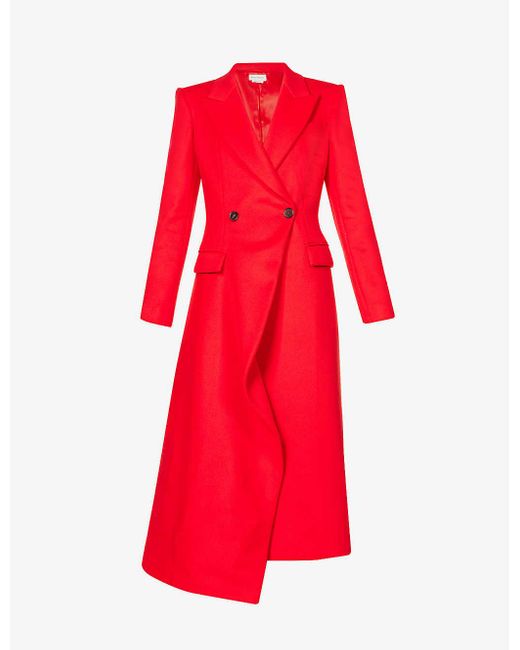 Alexander McQueen Red Asymmetric-hem Double-breasted Slim-fit Wool Coat