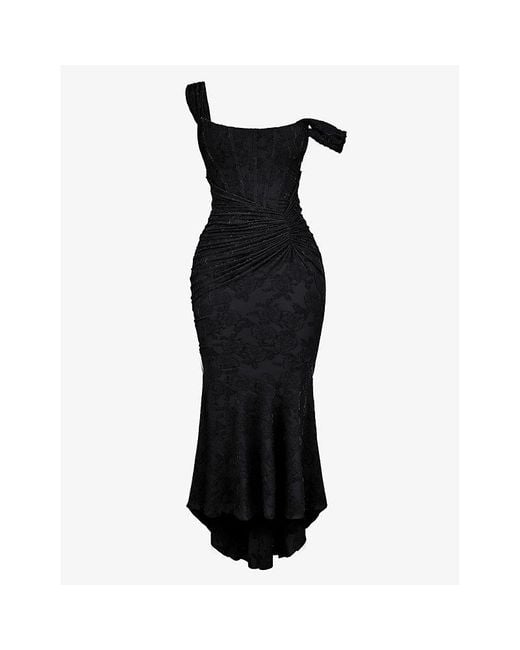 House Of Cb Black Cesca Floral-print Corseted Stretch-woven Maxi Dres
