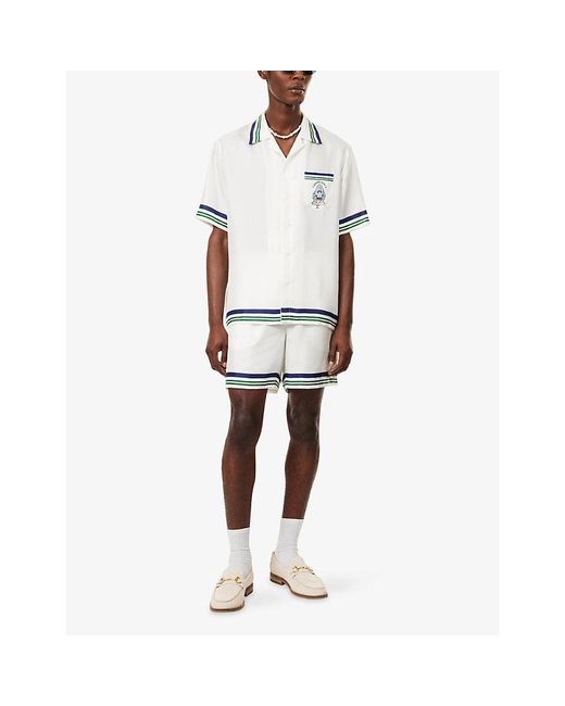 Casablanca White Hotel Collar Short-Sleeve Silk Shirt for men