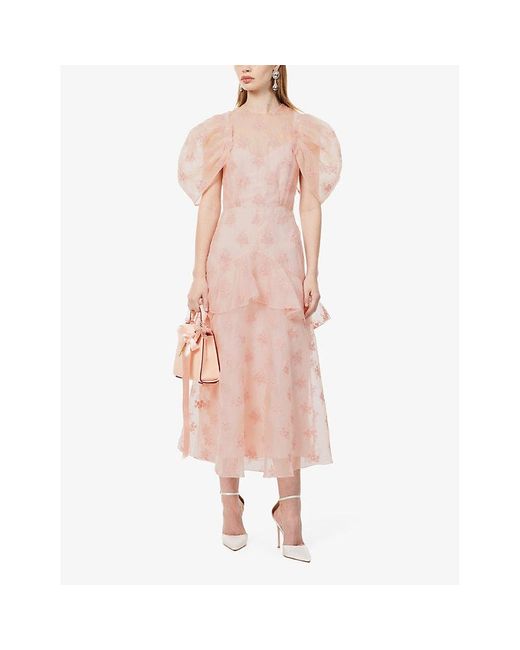 Erdem Pink Floral-embroidered Puff-sleeve Silk Maxi Dress