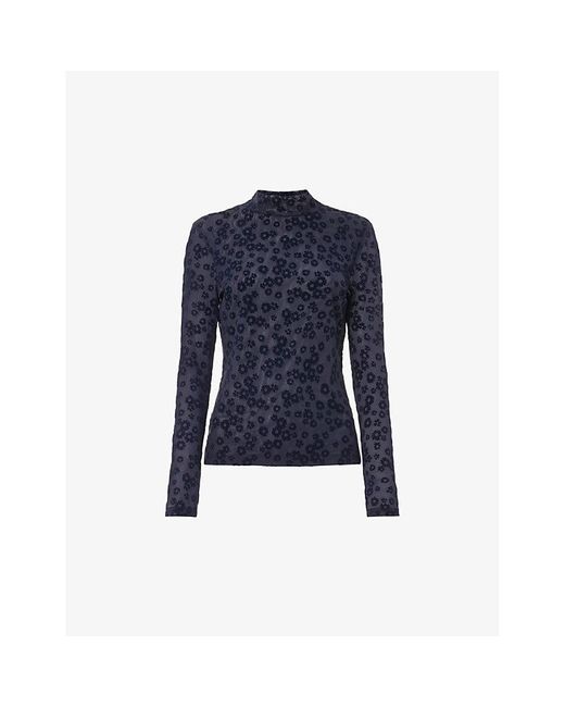 Whistles Blue Floral-pattern High-neck Stretch-mesh Top