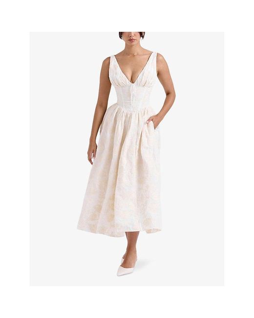 House Of Cb White Emmelina Plunge-Neck Corset Stretch Cotton-Blend Midi Dress