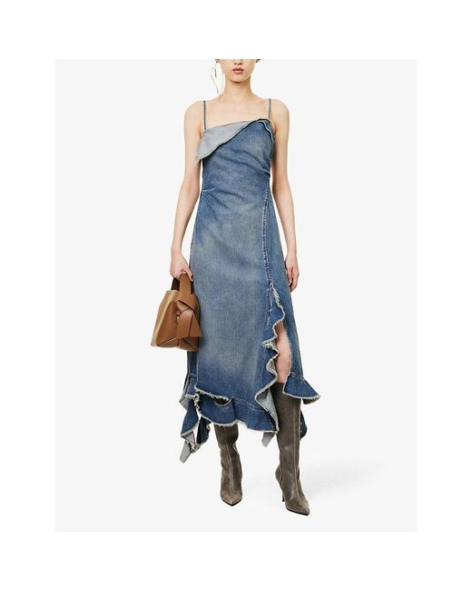 Acne Blue Delouise Ruffled Cut-out Denim Midi Dress
