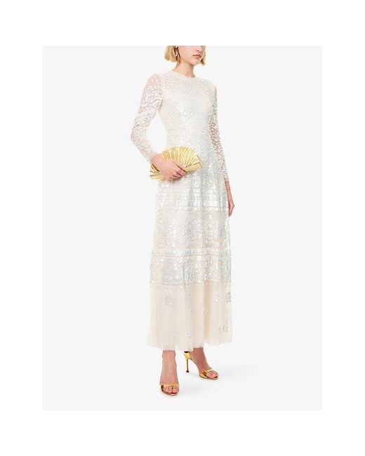 Needle & Thread White Aurora Sequin-Embellished Woven Gown