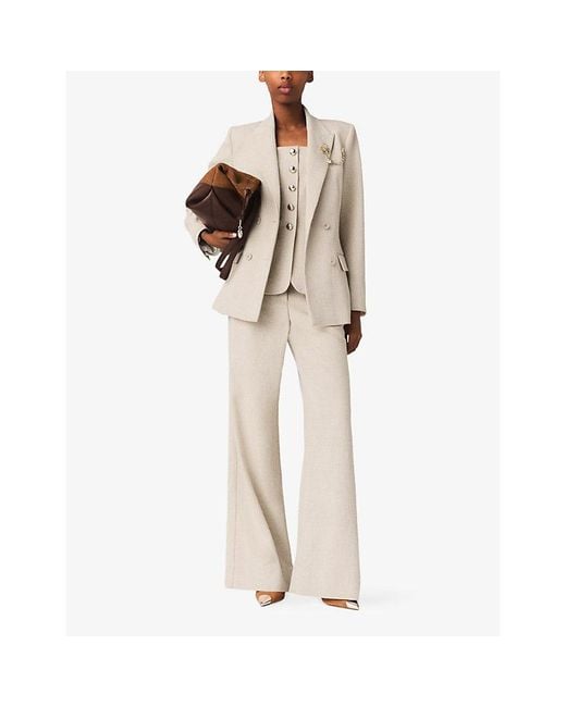 Maje Natural Double-Breasted Brooch-Embellished Woven Blazer