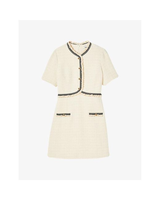 Sandro Natural Nava Ruffle-Neck Long-Sleeve Tweed Mini Dress