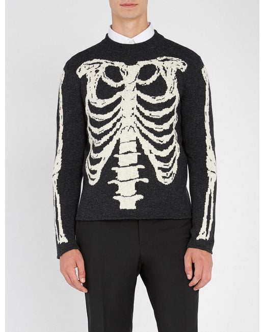 Saint Laurent Black Skeleton-intarsia Wool Jumper for men