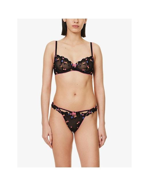 Lounge Underwear Neon Floral-embroidered Bow-embellished Mesh Bra in Black