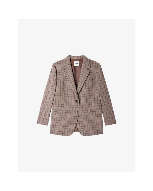 Sandro Brown Check Single-Breasted Wool-Blend Blazer