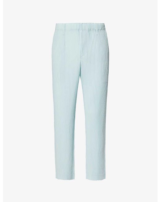 Homme Plissé Issey Miyake Blue Color Pleats Elasticated-waistband Tapered-leg Regular-fit Knitted Trouser for men