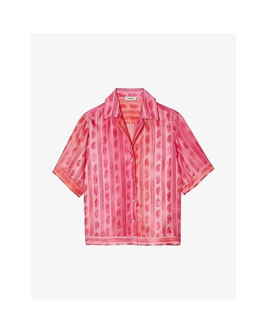 Sandro Pink Paisley-print Cropped Silk Shirt