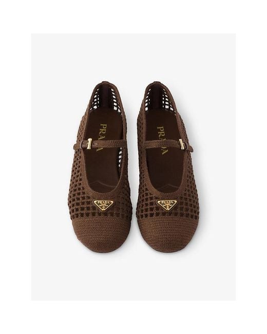 Prada Brown Triangle-Logo Crochet Ballerina Flats