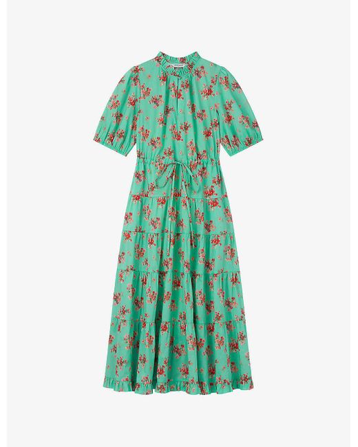 L.K.Bennett Green Hedy Floral-print Puff-sleeve Cotton Midi Dress