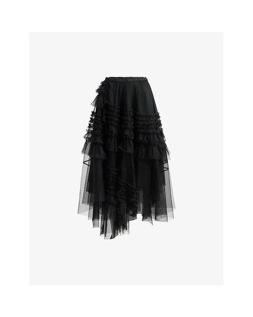 AllSaints Black Jen Asymmetric-Hem Tulle Midi Skirt