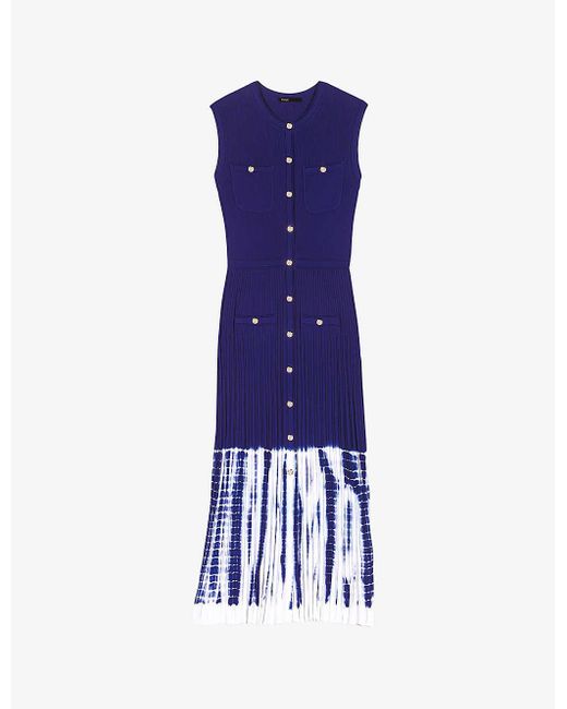 Maje Blue Tie-dye Pleated Knitted Midi Dress