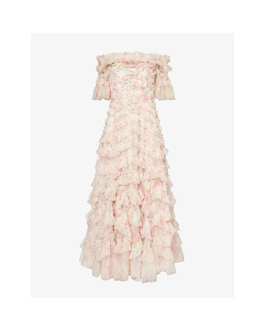 Needle & Thread Pink Lana Floral-print Recycled-nylon Maxi Dress