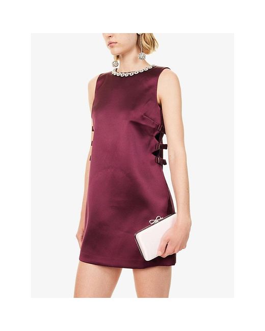 Self-Portrait Pink Crystal-Embellished Bow Satin Clutch Bag
