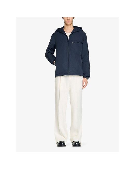 Sandro Blue Logo-Print Hooded Nylon Windbreaker Jacket for men