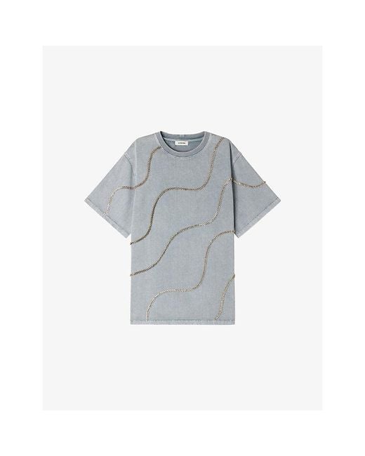Sandro Gray Rhinestone-Embellished Relaxed-Fit Cotton-Jersey T-Shirt