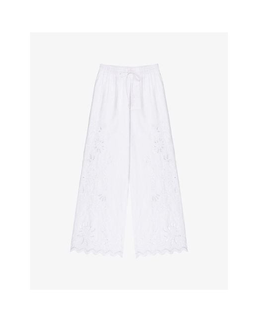 Ro&zo White Broderie Wide-Leg Cotton-Blend Trousers