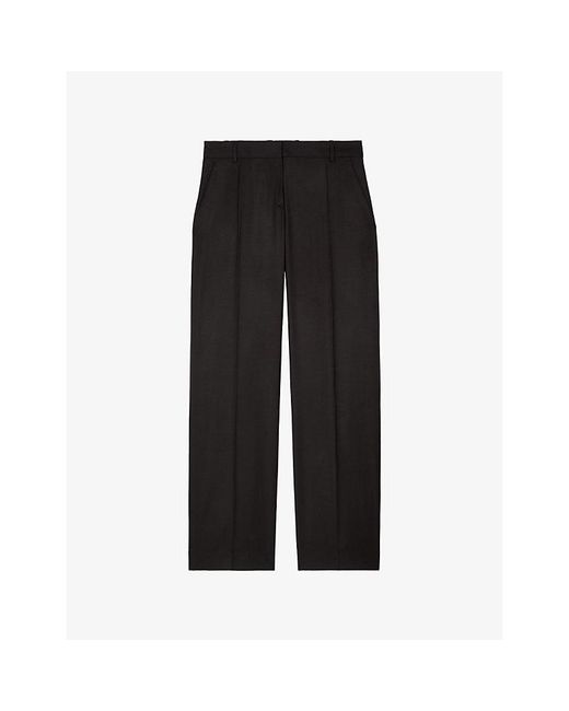 The Kooples Black Wide-Leg Mid-Rise Wool Trousers