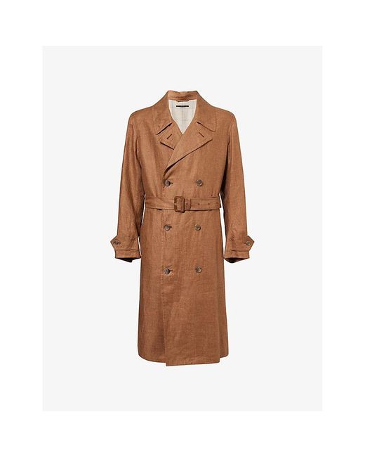 Dunhill Brown Double-Breasted Longline Linen Trench Coat for men