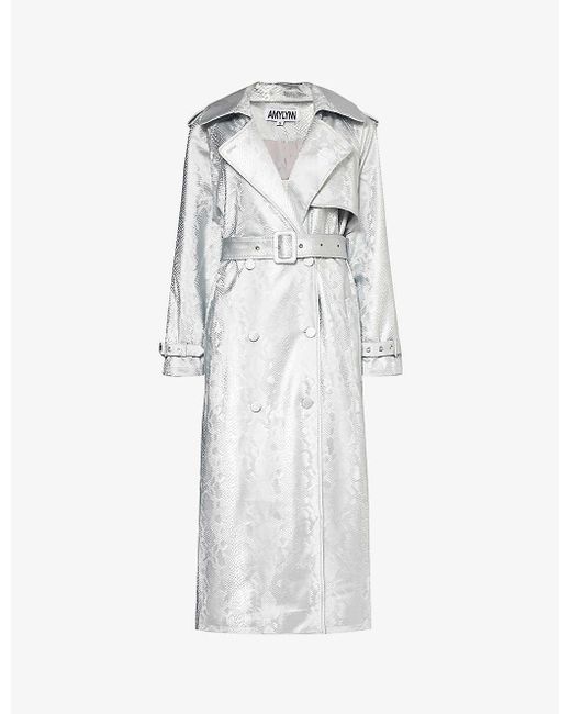 Amy Lynn White Snake-effect Faux-leather Trench Coat