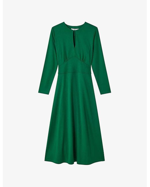 L.K.Bennett Green Sera Split-neck Flared-skirt Stretch-woven Midi Dress