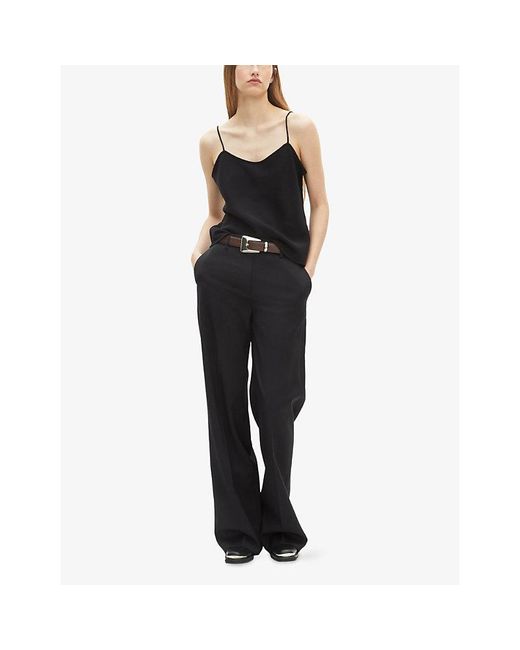 The Kooples Black Round-Neck Narrow-Strap Woven Cami Top