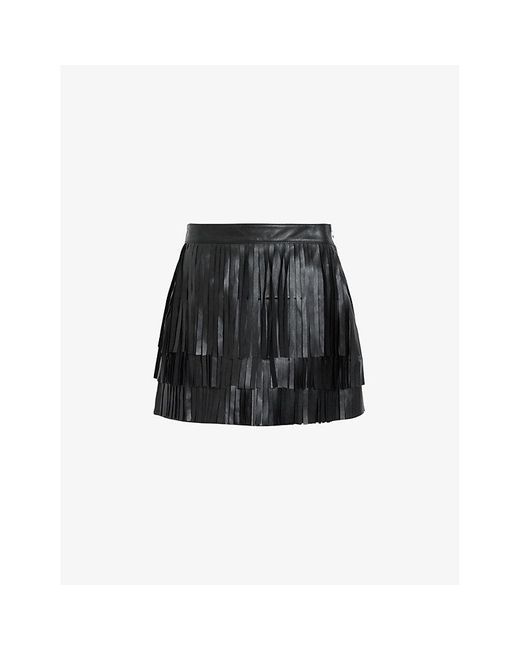 AllSaints Black Aisha Fringed Leather Mini Skirt