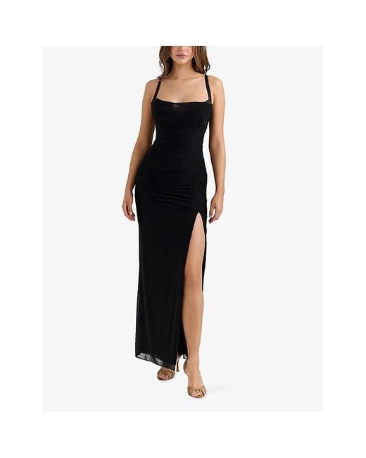 House Of Cb Black Lini Corset-Bodice Stretch-Mesh Maxi Dress Xs (A-C Cup)