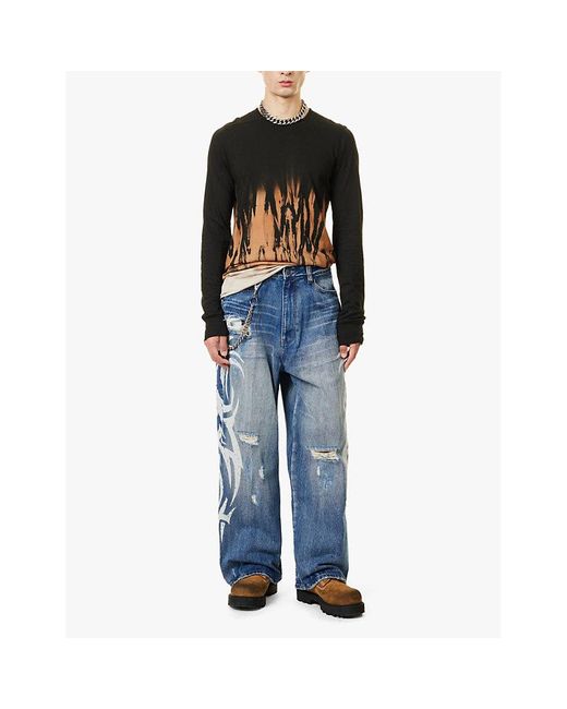 Jaded London Blue Tattoo Colossus Abstract-Print Wide-Leg Relaxed-Fit Denim-Blend Jeans for men