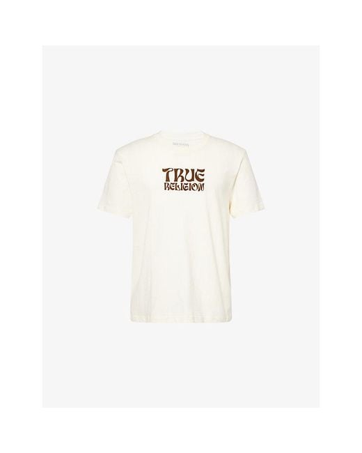 True Religion White Wavy Buddha Graphic-Print Cotton T-Shirt for men