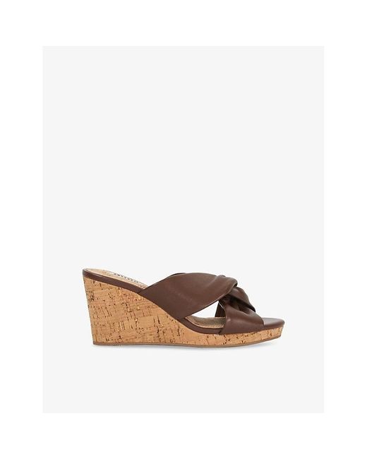 Dune Brown Kacee Twist-Strap Leather Wedge Mules